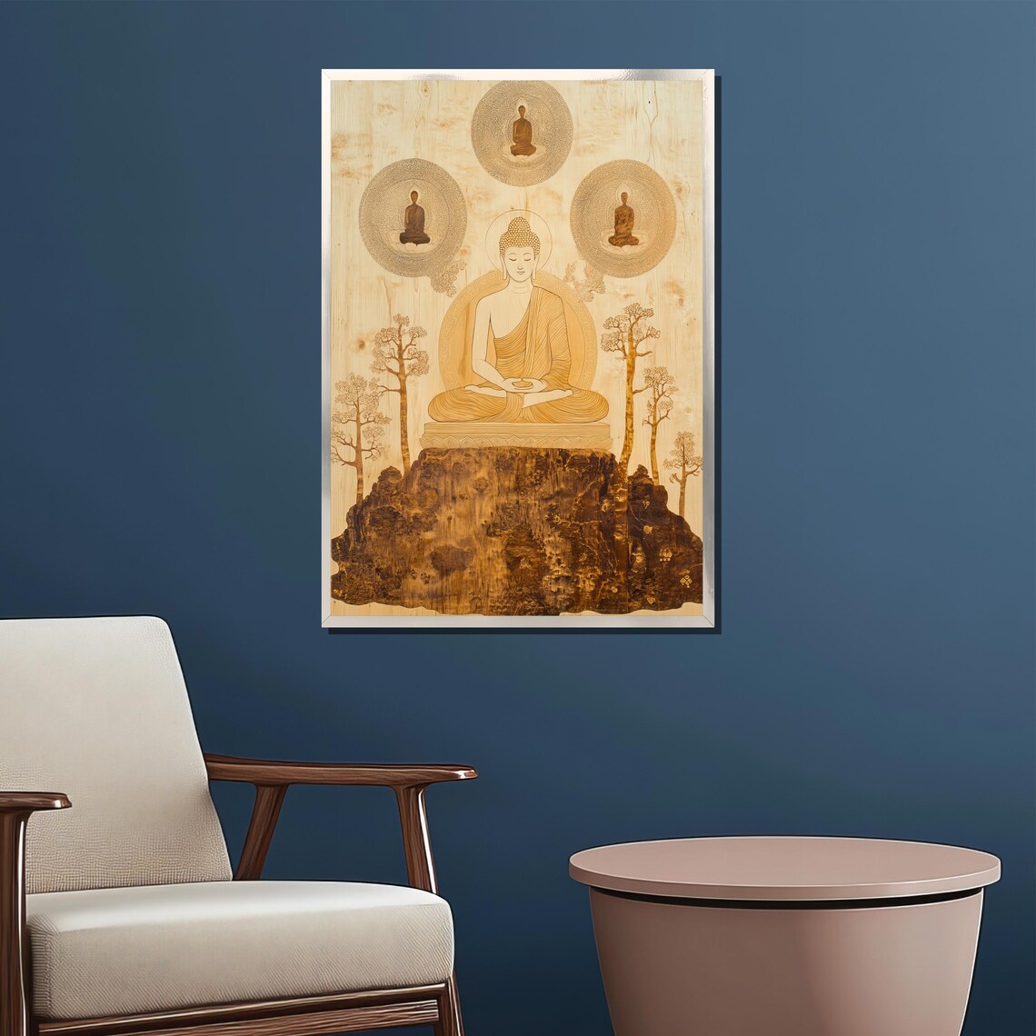 Wood Carved Buddha On Mountain Sepia Zen Spiritual Decor Poster - Image 2