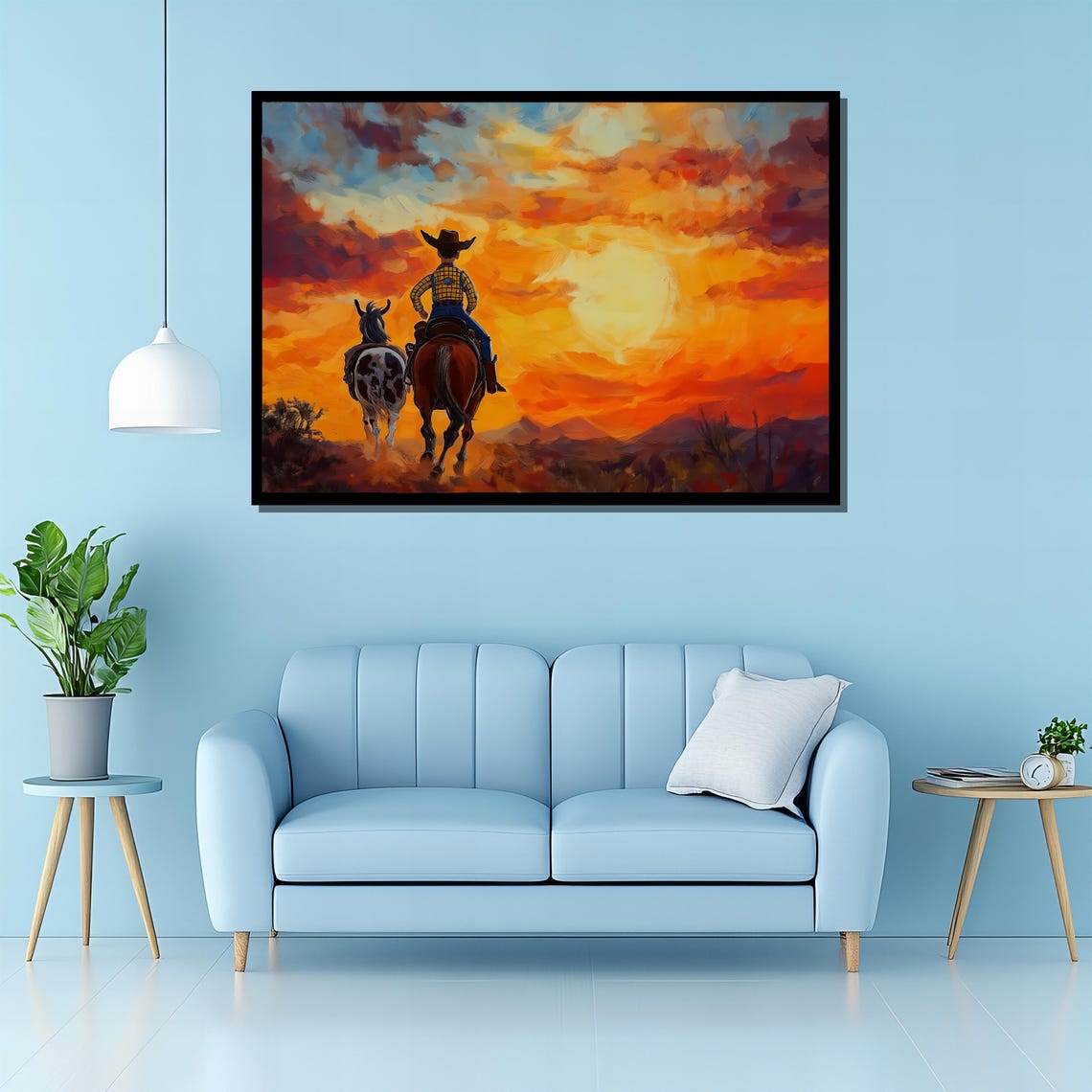 Cowboy on Horseback Riding Into Desert Sunset Western Art Poster - Image 3