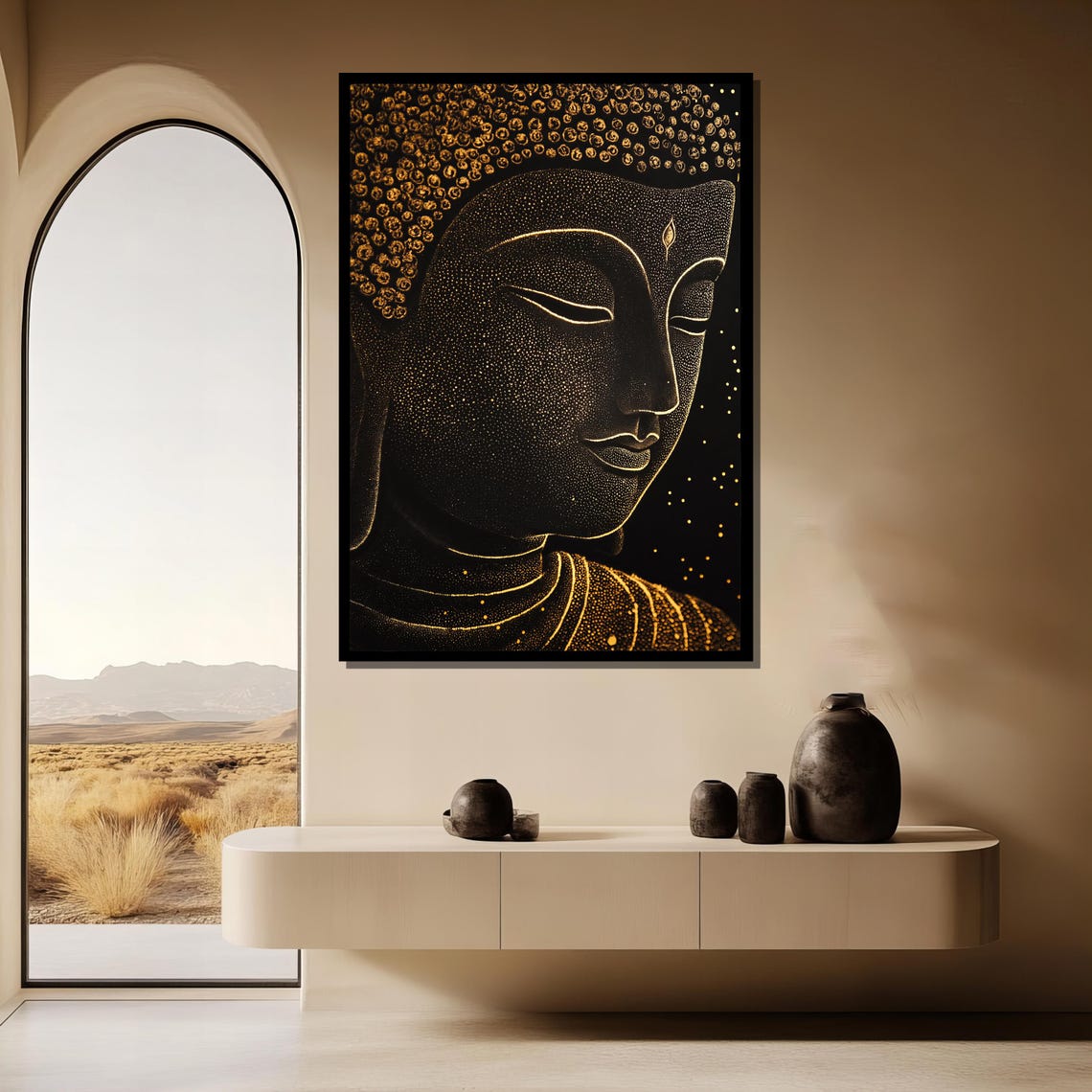 Golden Dotted Buddha Face On Black Luxe Spiritual Decor Poster - Image 3