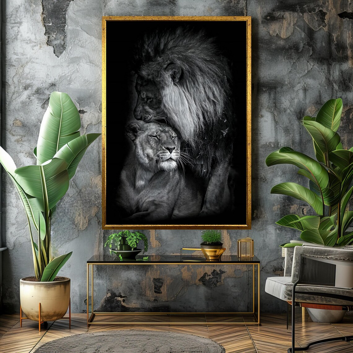 Monochrome Lion Resting His Head on the Lioness Poster For Bedroom Decor - Image 4