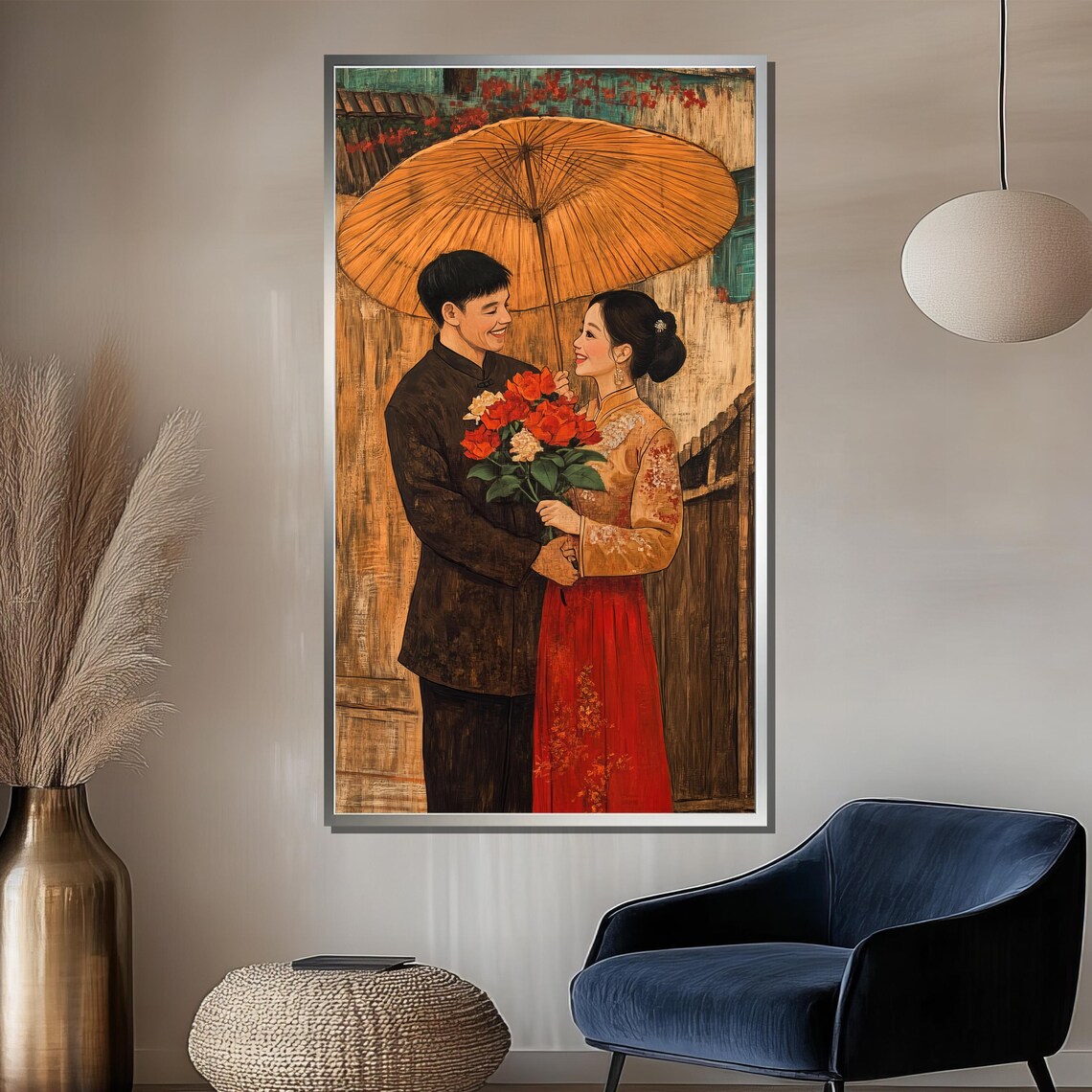 Asian Couple Under Oil Paper Umbrella Traditional Romance Poster - Image 2