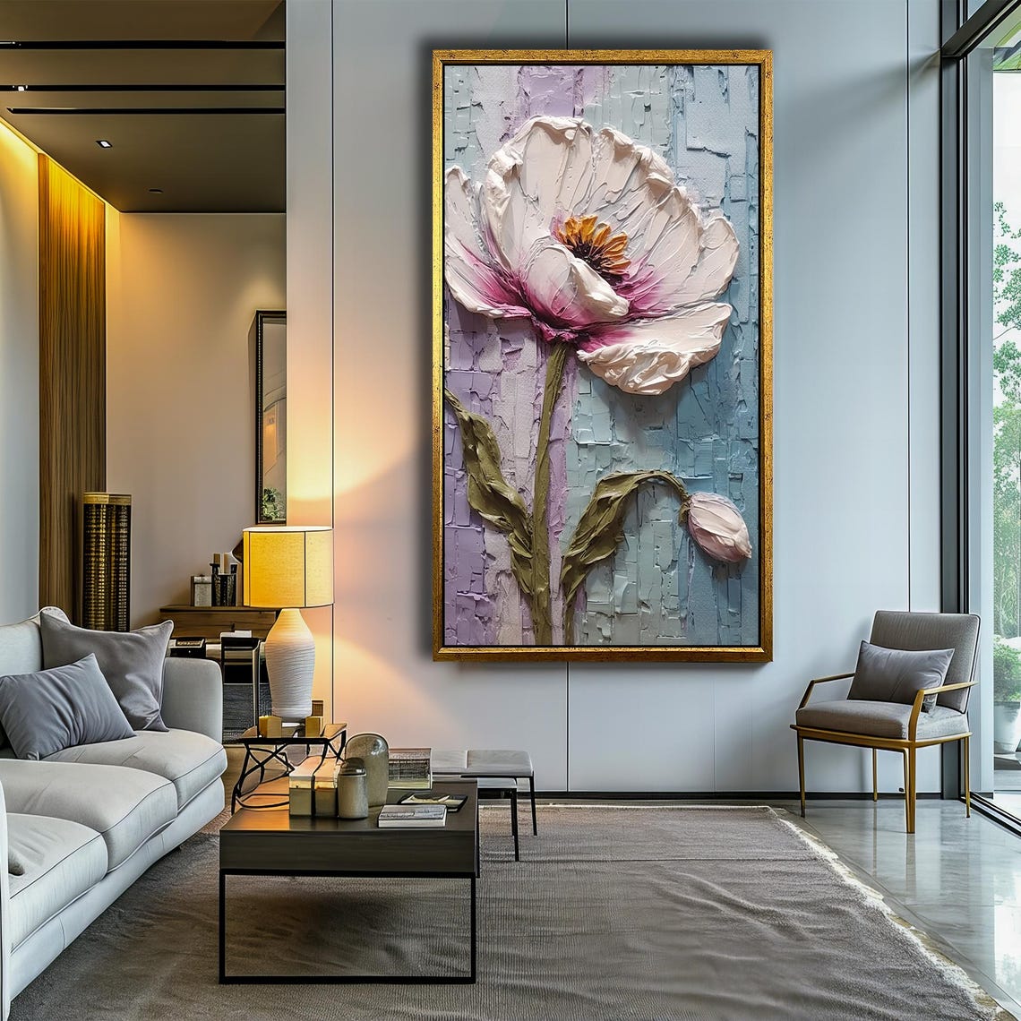 Elegant White Flower Impasto Oil Painting on Pastel Blue Poster - Image 4