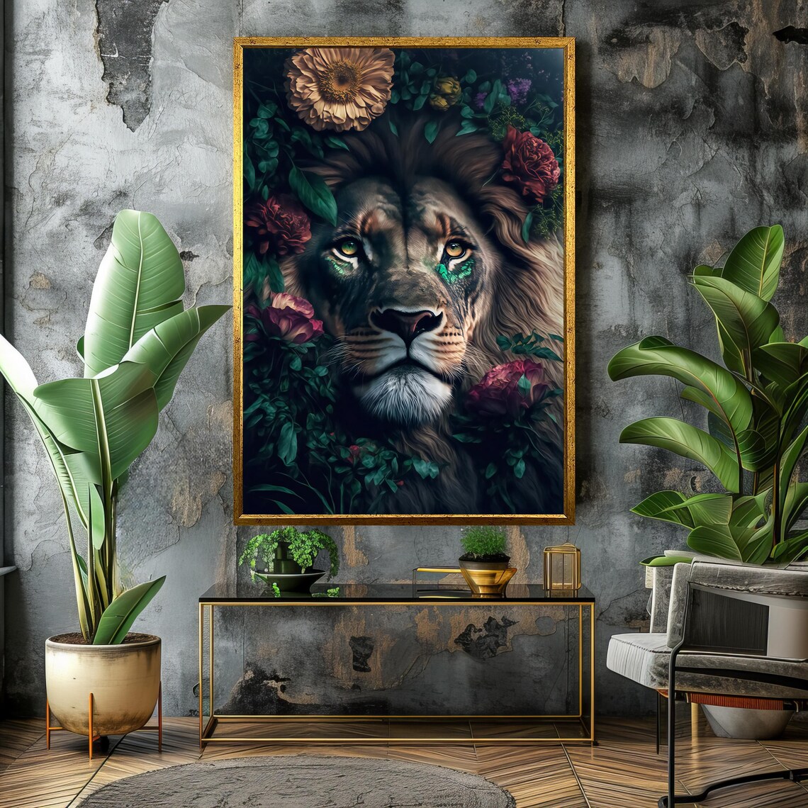Lion Face Framed by Dark Botanical Flowers Painting Poster For Living Room - Image 4