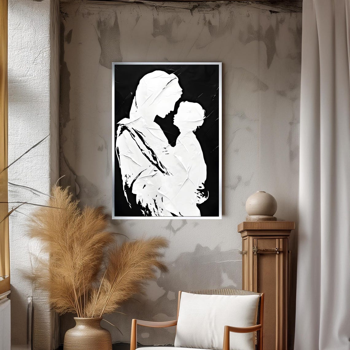 Minimalist Black And White Silhouette Of A Mother And Child Poster - Image 3