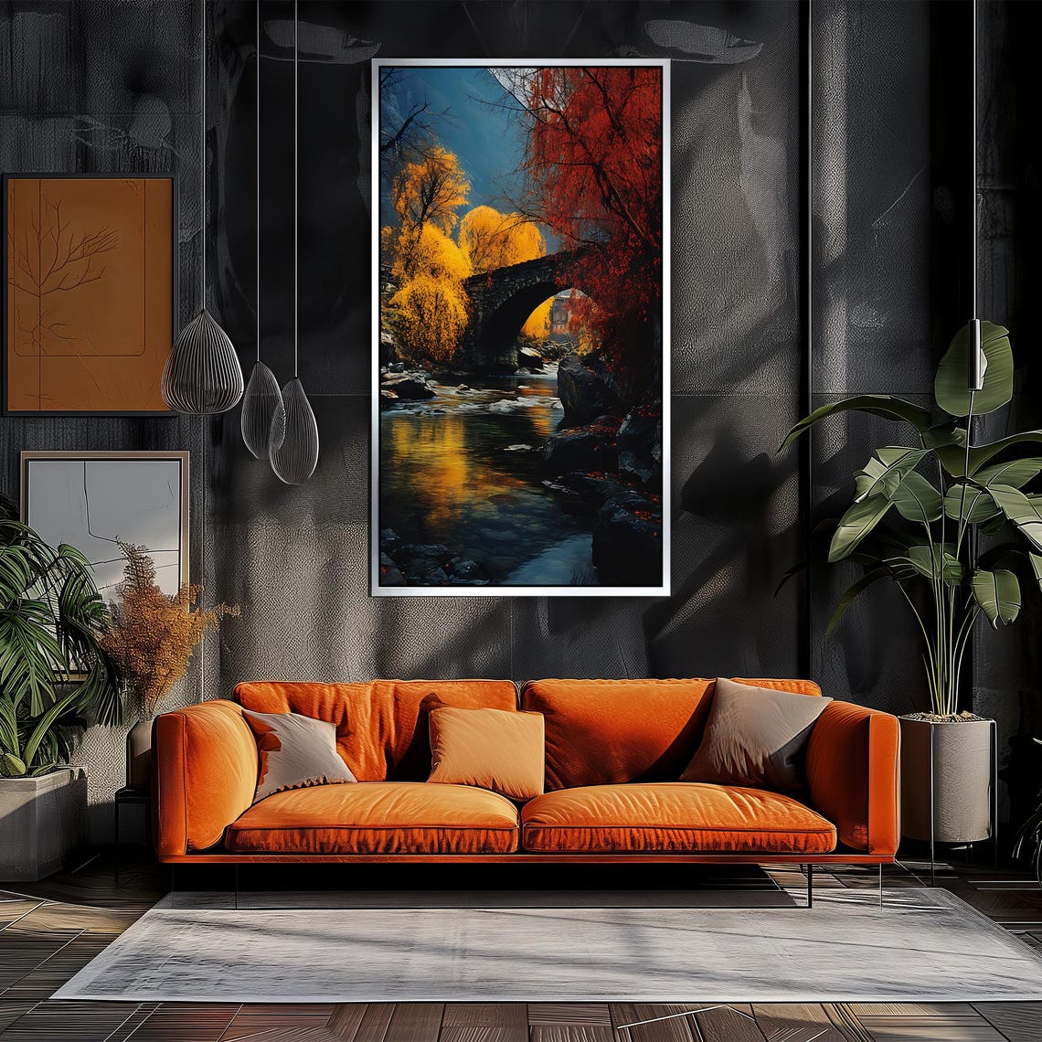 Autumn Stone Bridge River Golden Foliage Landscape Art Poster - Image 3