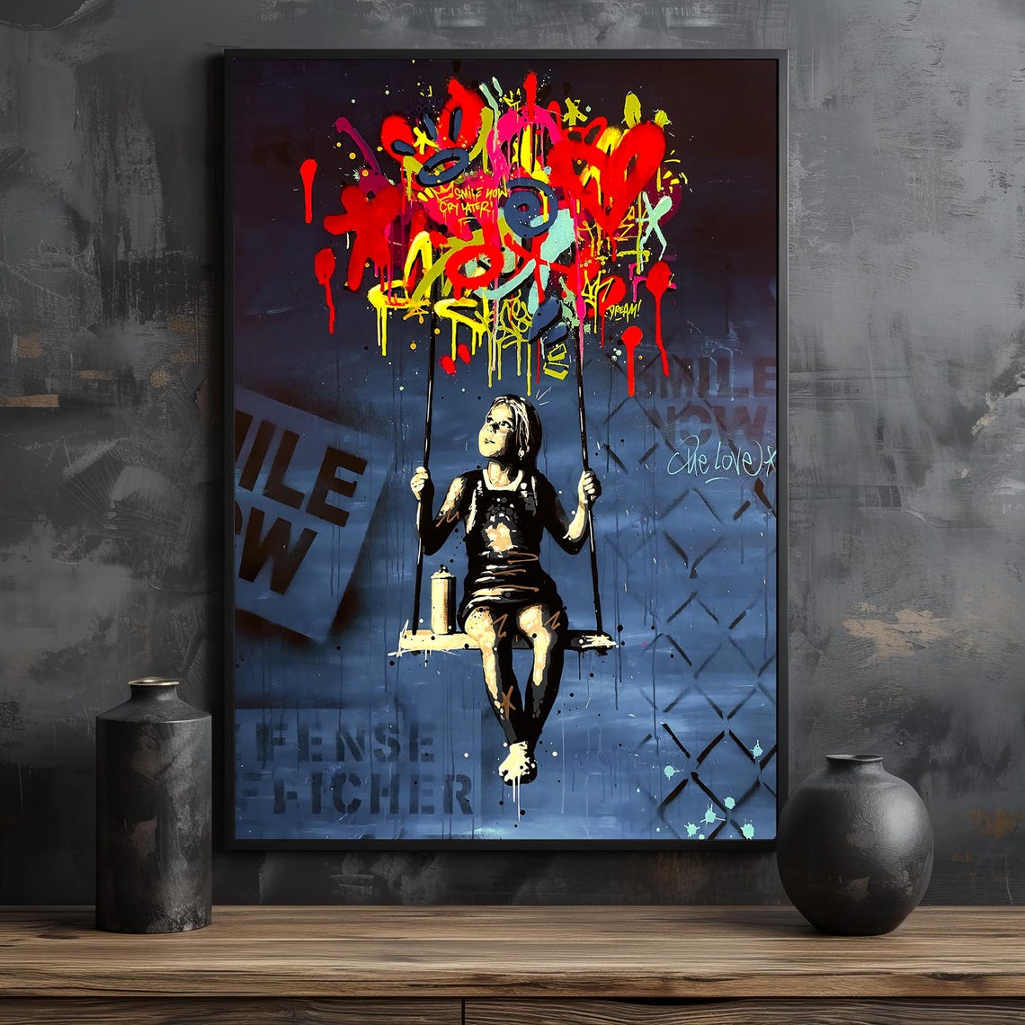 Stencil Graffiti Girl on Swing Urban Street Art Poster For Loft Decor - Image 2