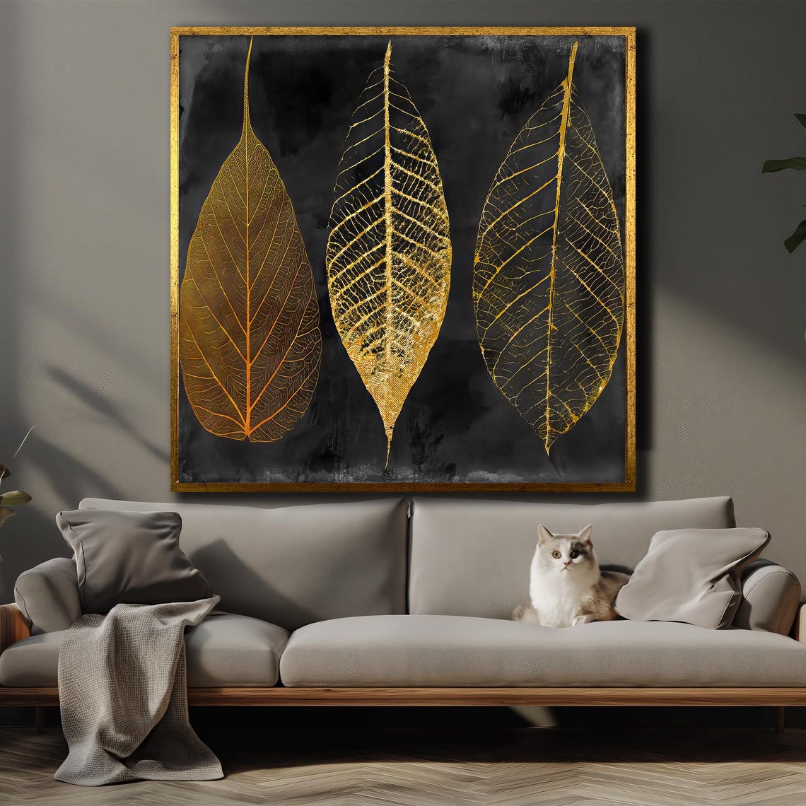 Golden Leaf Skeletons on Black Minimalist Botanical Art Poster - Image 4