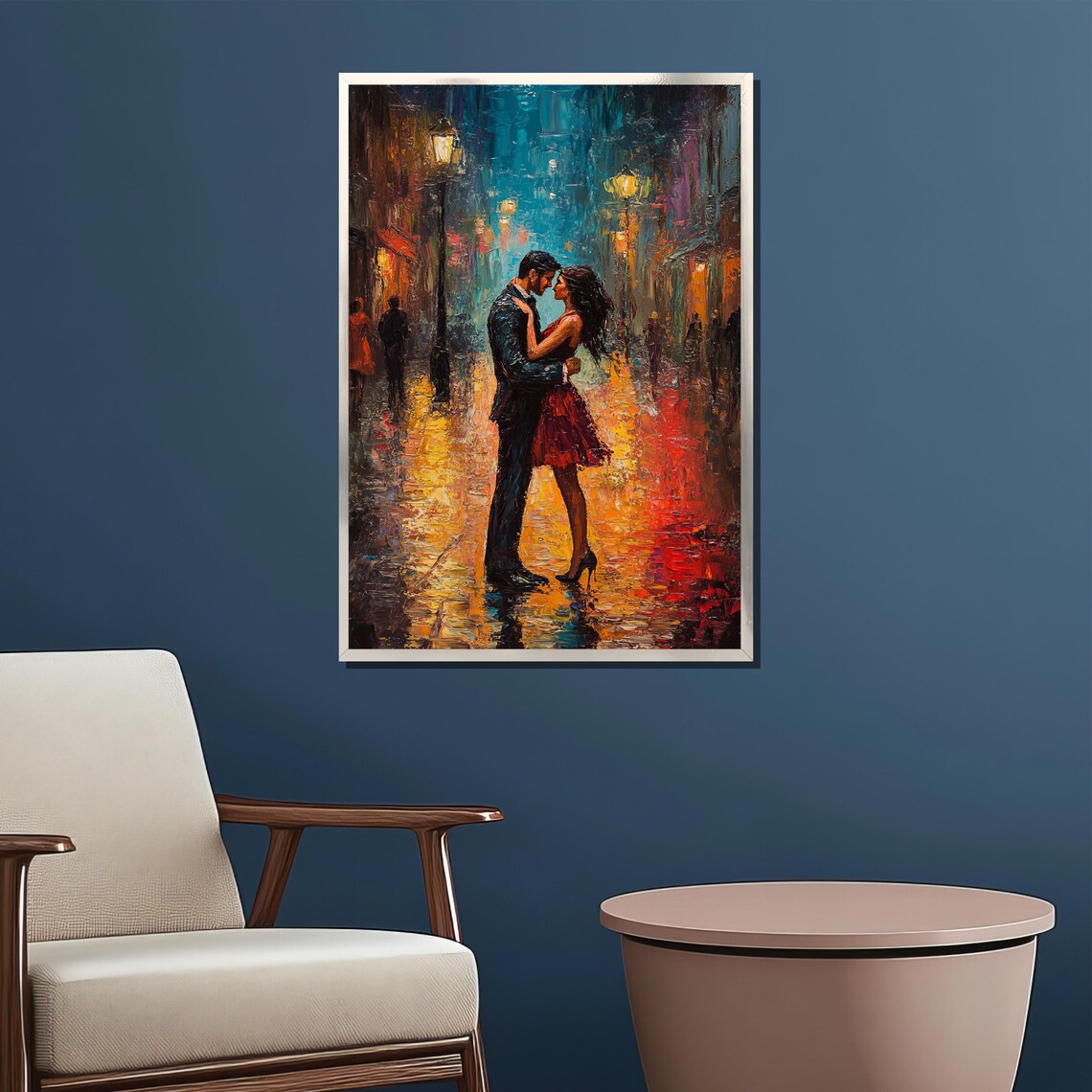 Couple Embracing on Rainy City Street at Night Colorful Art Poster - Image 2