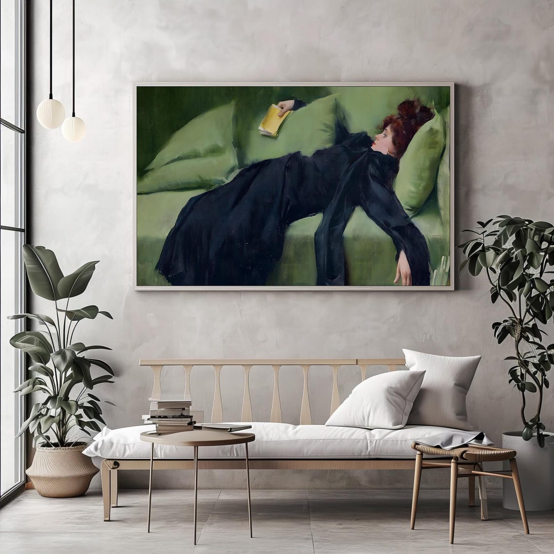 Woman Reclining On A Green Sofa Reading A Book Classic Painting Poster - Image 2