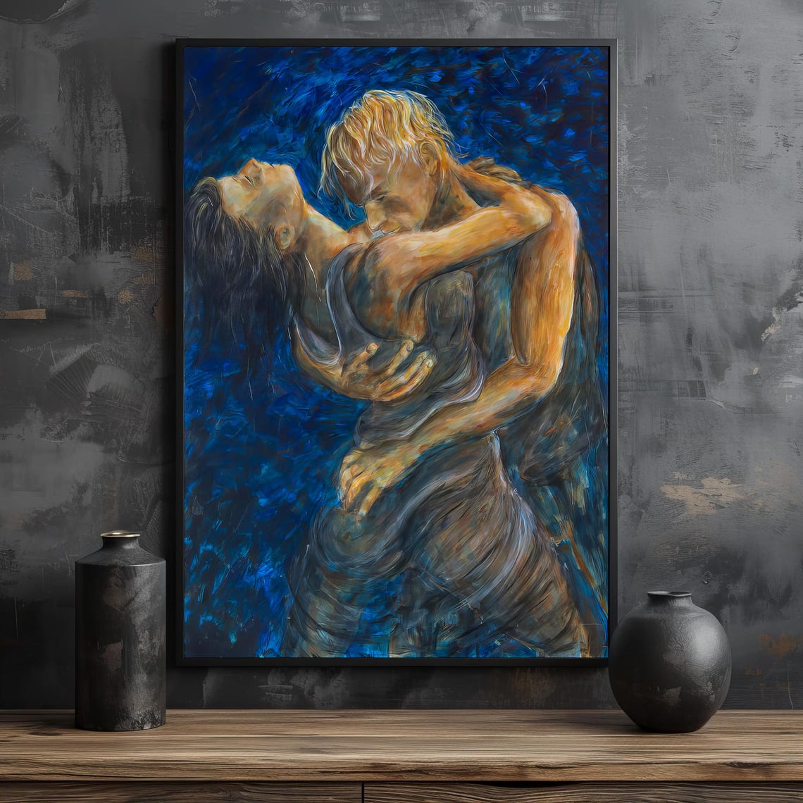Passionate Blue Embrace Expressive Romantic Couple Art Poster - Image 2