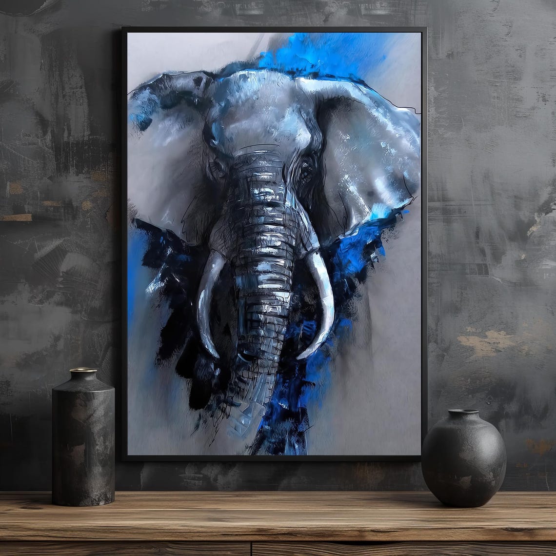 Abstract Elephant Art Bold And Powerful Animal Portrait Blue And Grey Wall Decor Ready To Hang - Image 2