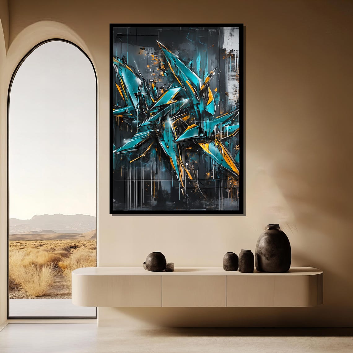 Turquoise and Gold Graffiti Shards Abstract Urban Street Art Poster - Image 3