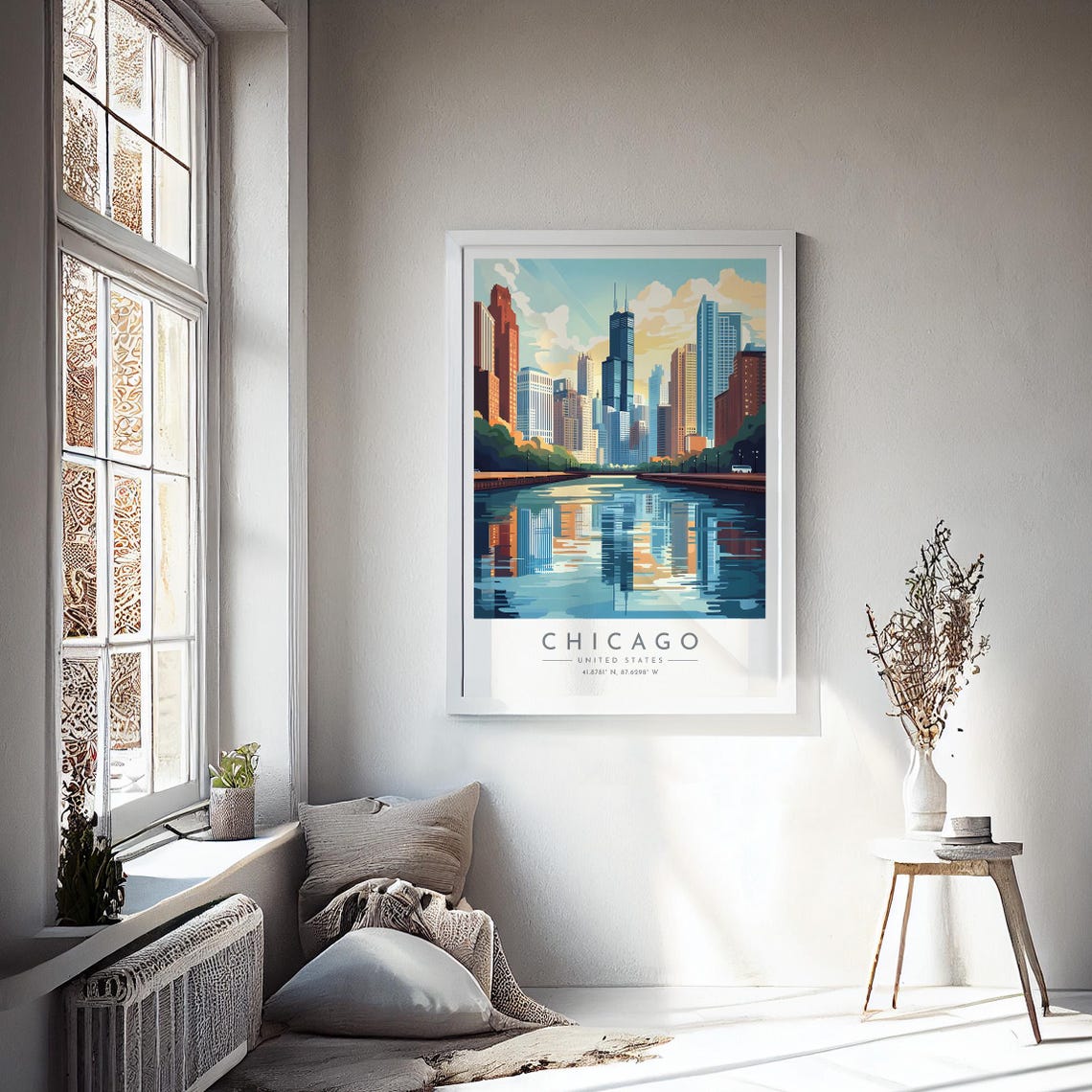 Chicago Illinois Riverside Skyline Reflection Downtown Towers Poster - Image 4