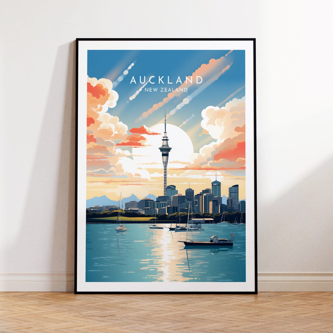 Auckland New Zealand Sky Tower Harbor Sunset Golden Sailboats Poster