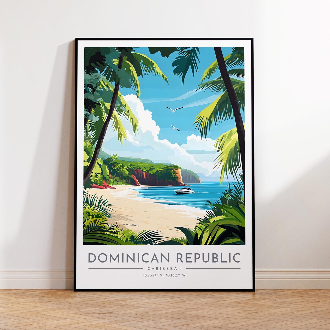 Dominican Republic Tropical Beach Palm Fronds Lagoon Travel Poster