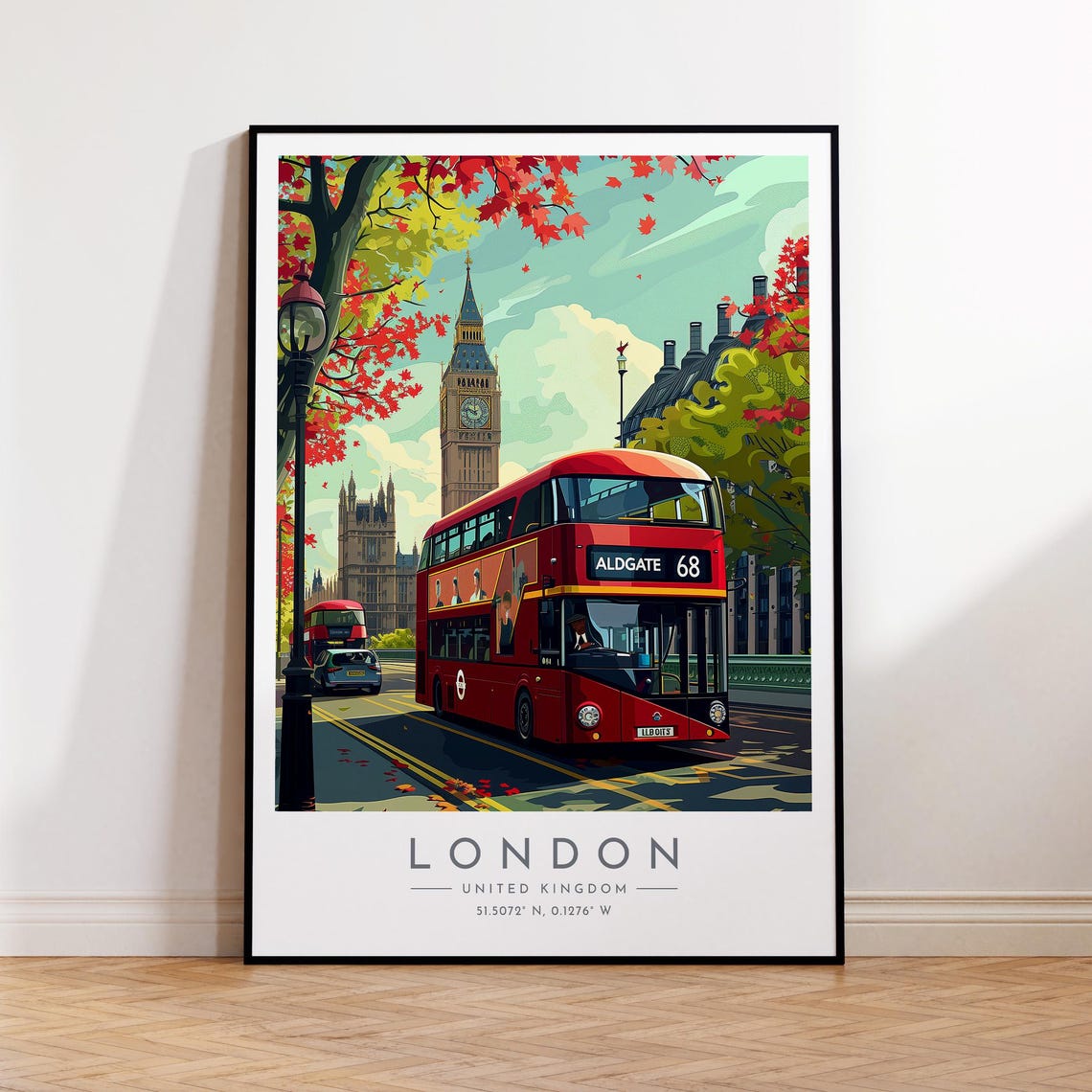 London Big Ben Red Double Decker Bus Autumn Leaves Travel Poster
