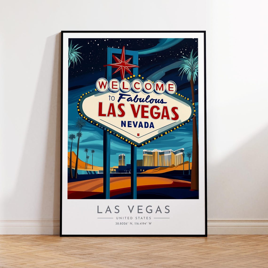 Las Vegas Welcome Sign Night Neon Lights Desert Travel Poster
