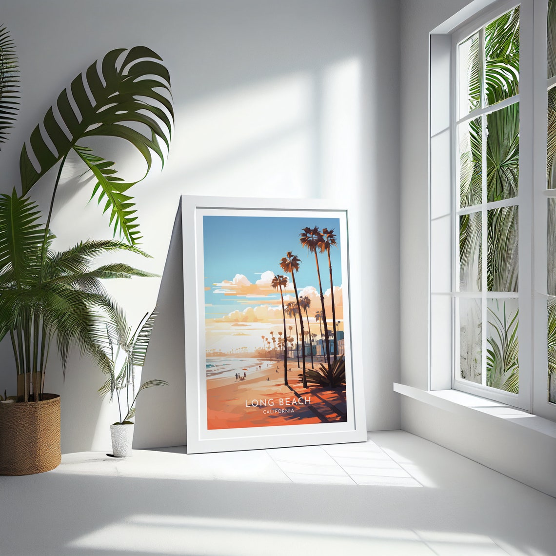 Long Beach California Palm Lined Shore Sunset Beach Day Poster - Image 4