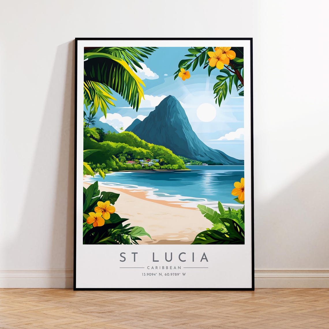 St Lucia Pitons Volcanic Peak Palm Beach Caribbean Travel Poster