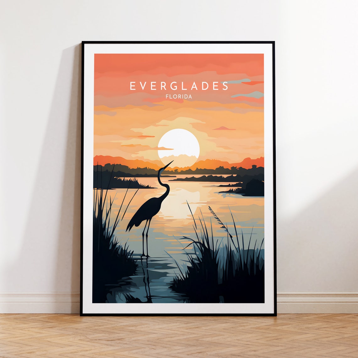 Everglades Florida Sunset Heron Wetland Silhouette Travel Poster