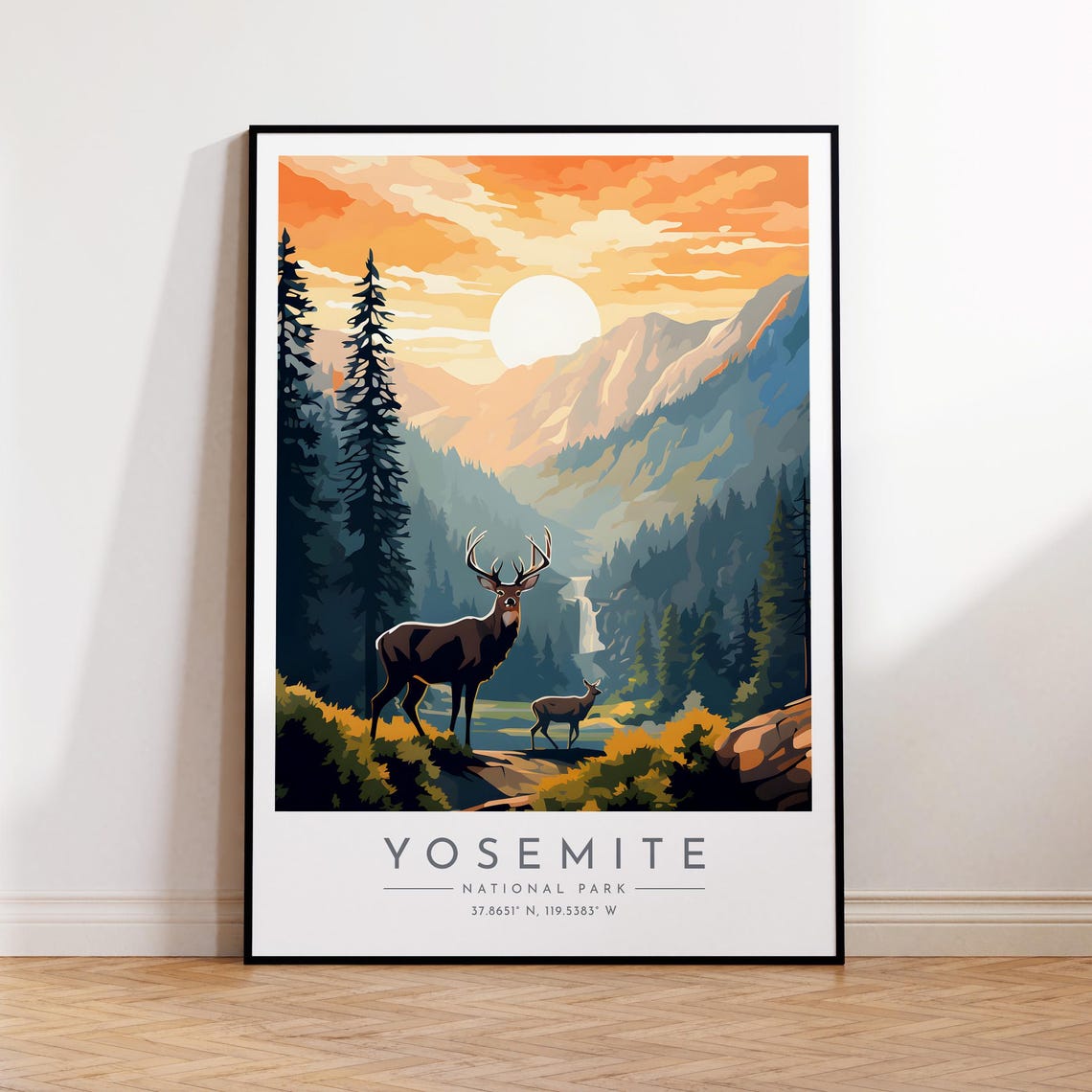 Yosemite National Park Sunset Valley Stag Doe Waterfall Poster