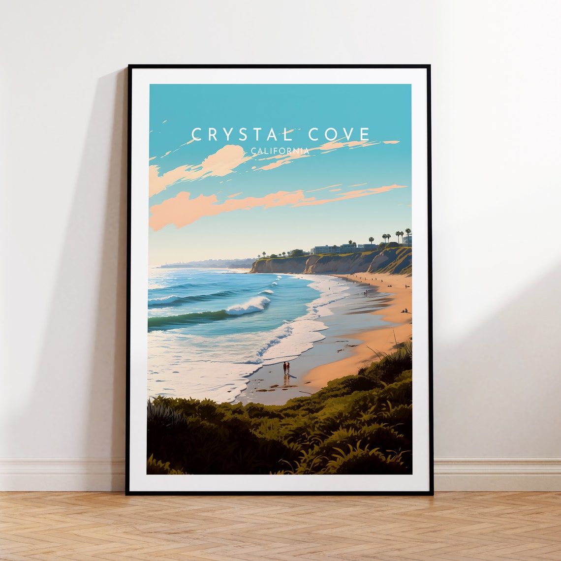 Crystal Cove California Beach Waves Travel Poster with Palms
