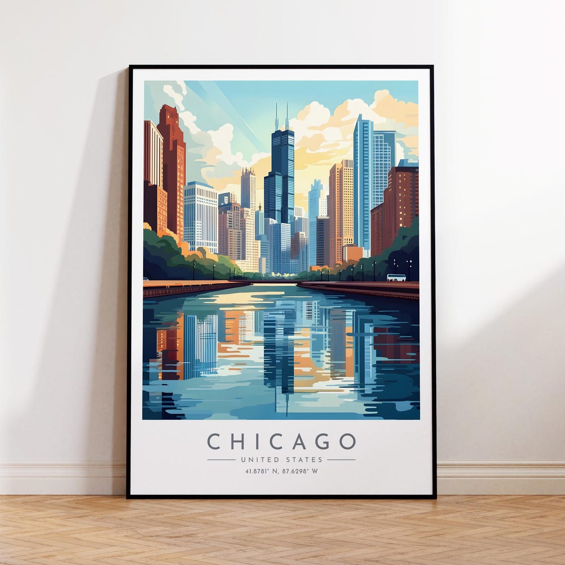 Chicago Illinois Riverside Skyline Reflection Downtown Towers Poster