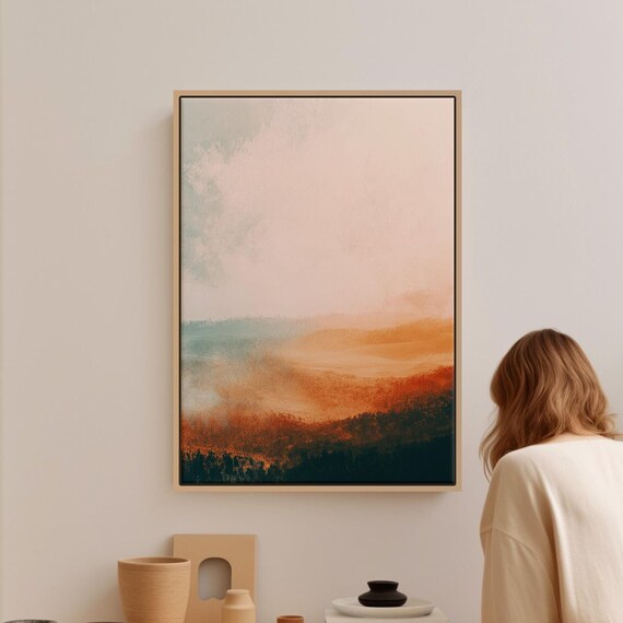 Serene Abstract Landscape Wall Art In Warm Orange And Teal Tones For Contemporary Home Or Office Decoration