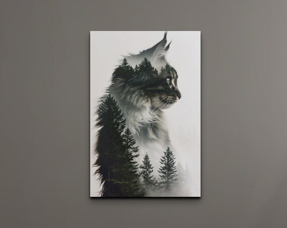 Double Exposure Cat and Forest Trees Art Print