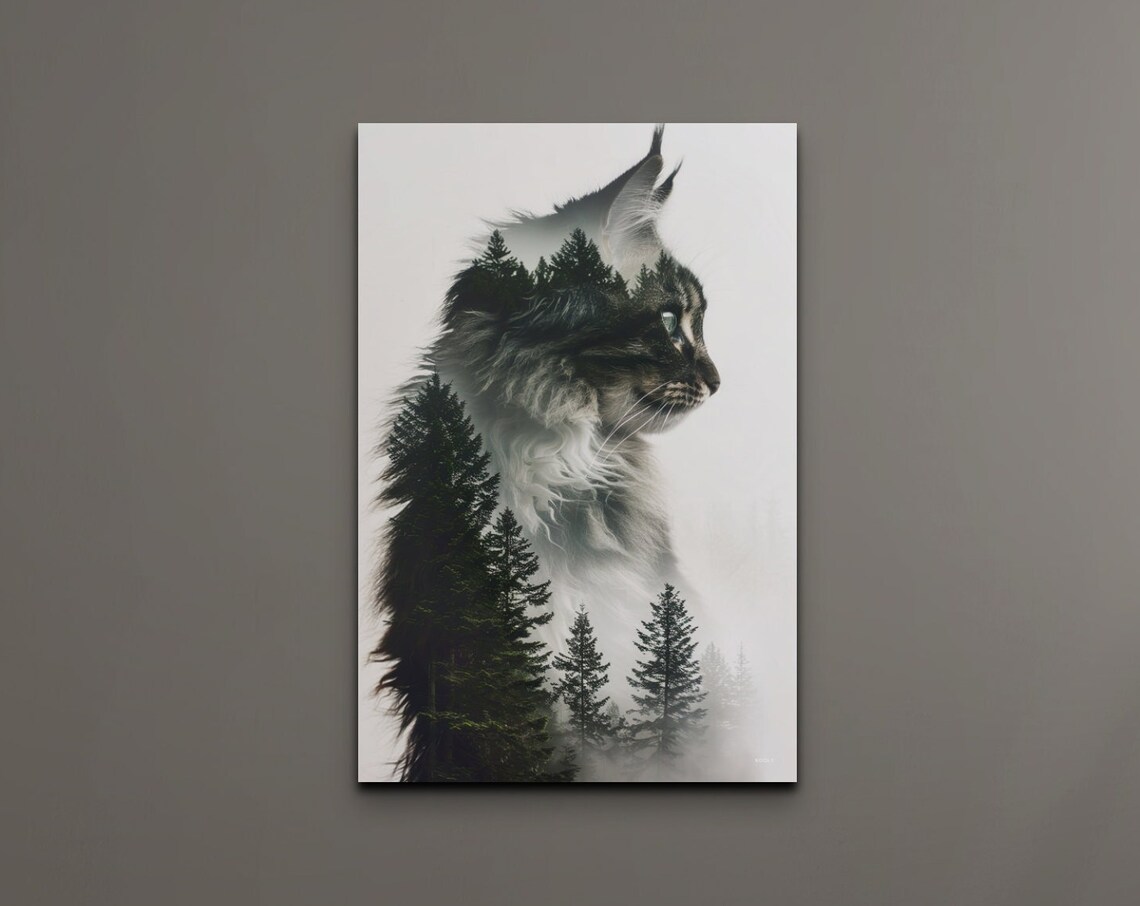 Double Exposure Cat and Forest Trees Art Print