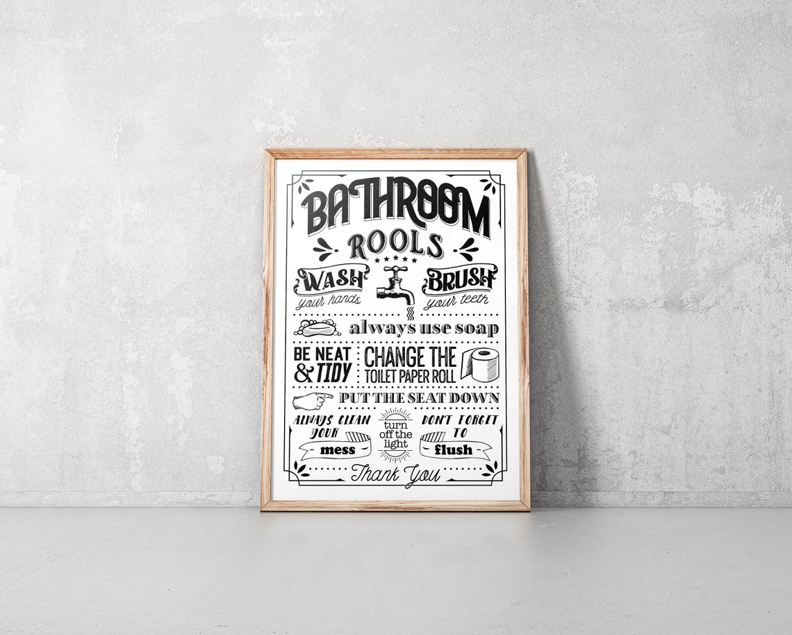 Bathroom Rools Funny Rules Sign Black And White Typography Poster - Image 5