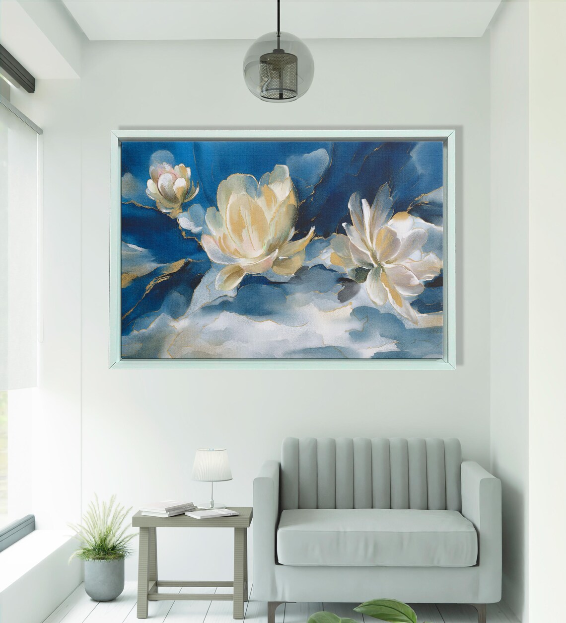 Abstract White Blue Flower, Modern Artwork