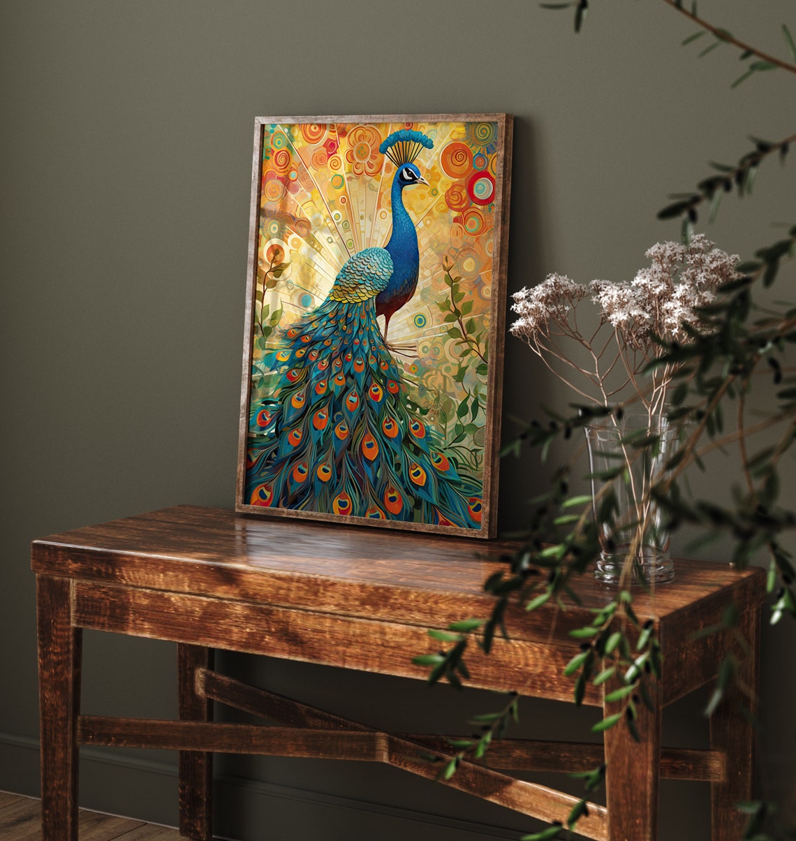 Peacock Golden Sunburst Feathers Vibrant Blue Bird Art Poster - Image 4
