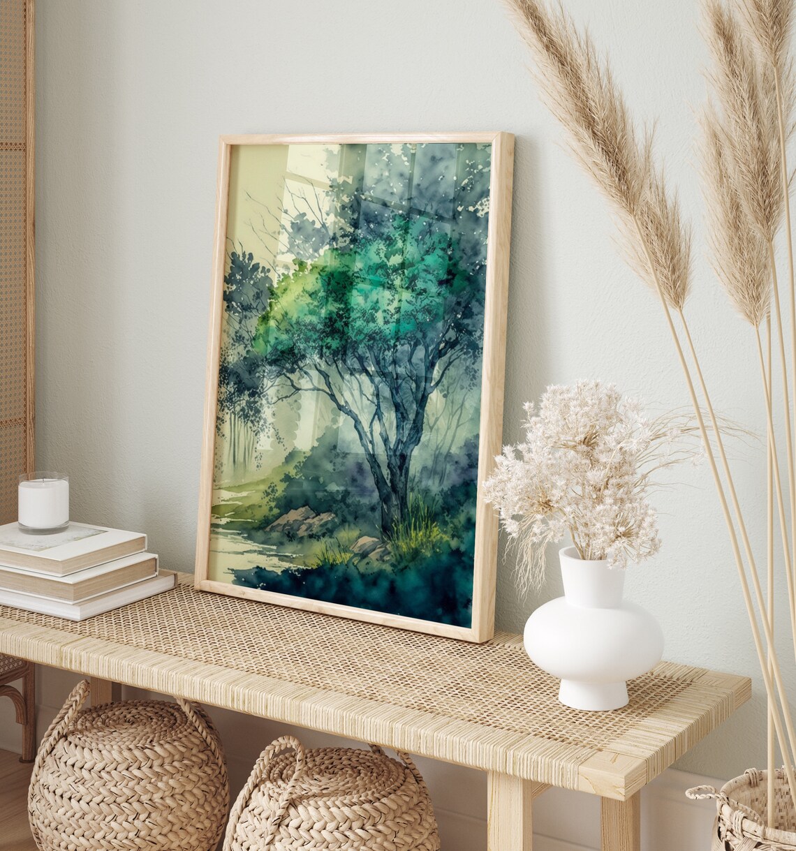 Misty Green Tree Forest Watercolor Serene Woodland Painting Poster - Image 2