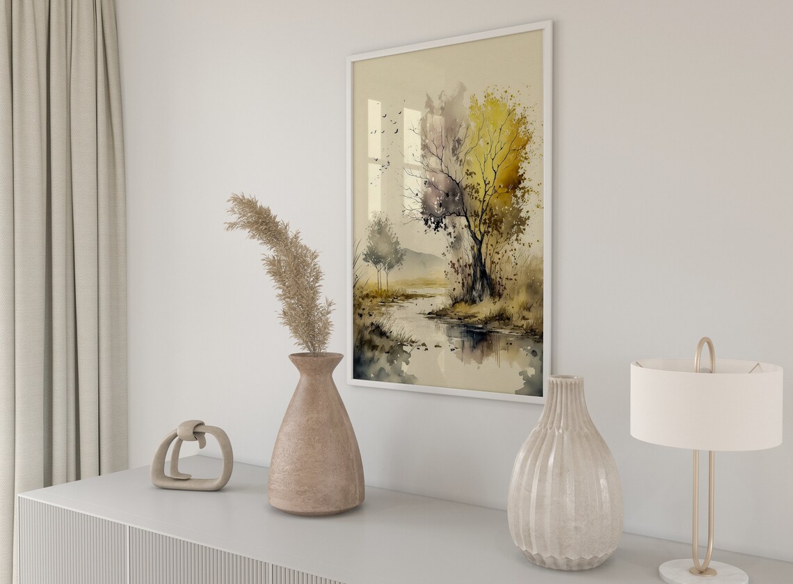 Golden Riverside Tree Misty Watercolor Landscape With Birds Poster - Image 2