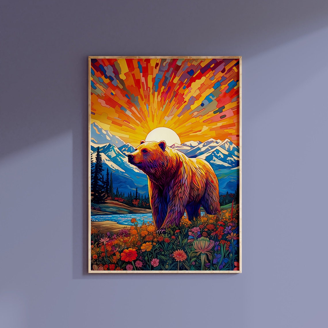 Mosaic Bear Sunrise Mountain Wildflowers Vibrant Wildlife Poster - Image 3