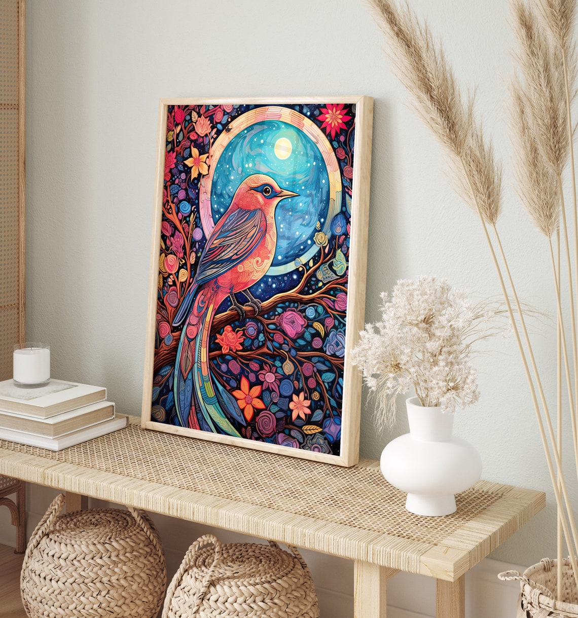 Red Bird Full Moon Floral Night Sky Stained Glass Art Poster - Image 2