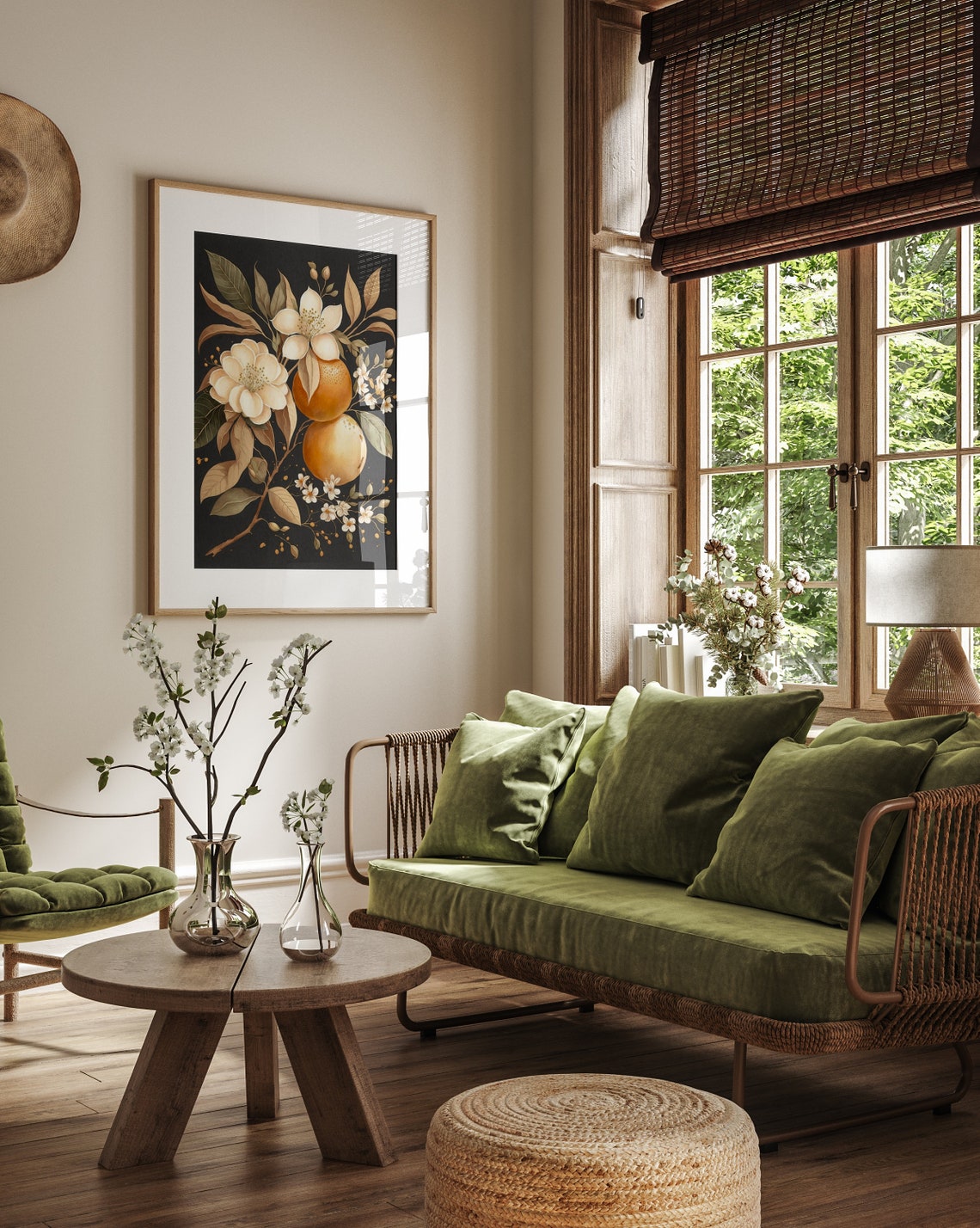 Cream Orange Blossom Botanical on Dark Moody Floral Wall Art - Image 2