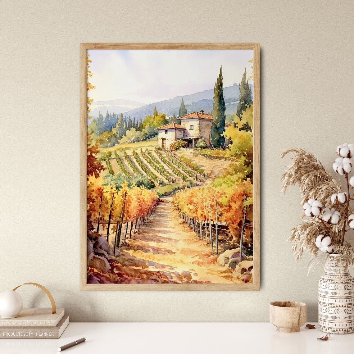 Tuscan Vineyard Path Farmhouse Autumn Watercolor Landscape Poster - Image 5
