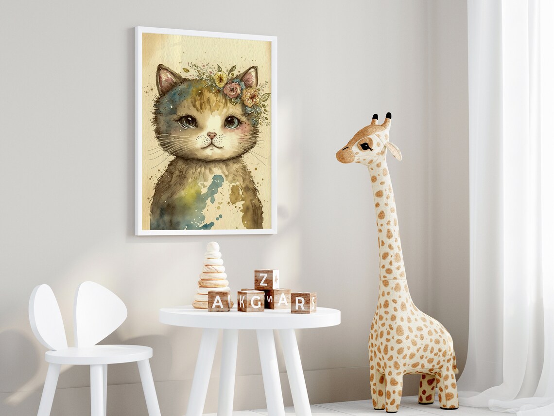 Watercolor Kitten Flower Crown Blue Eyes Cute Nursery Cat Poster - Image 2