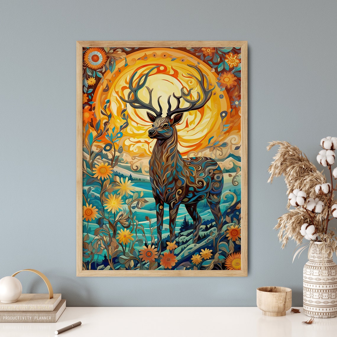 Psychedelic Stag Deer Orange Sun Floral Abstract Art Style Poster - Image 5