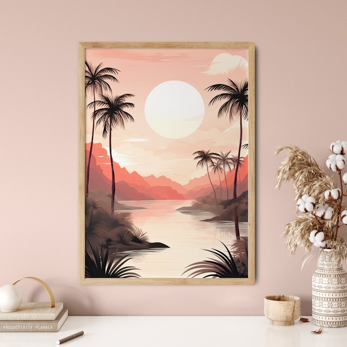 Pink Tropical Sunset Palm Trees Island Lagoon Beach Travel Poster - Image 5