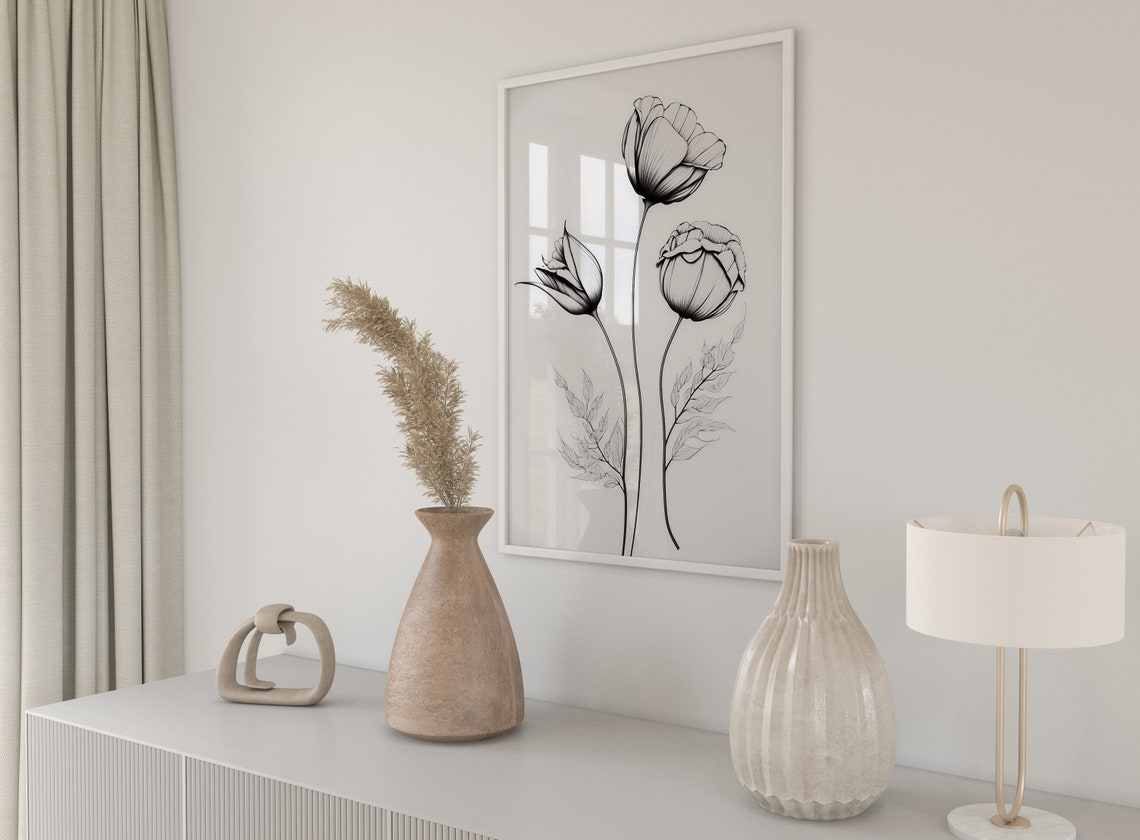 Black And White Poppy Flowers Minimalist Line Drawing Art Poster - Image 5