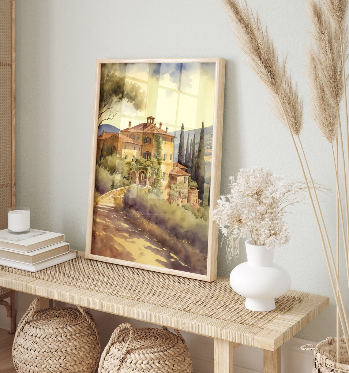 Golden Tuscan Villa Cypress Trees Watercolour Countryside Poster - Image 4