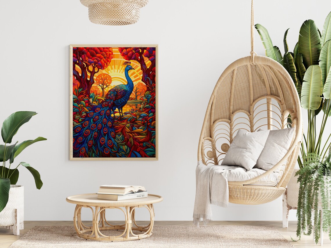 Peacock Autumn Trees Golden Sunset Stained Glass Bird Art Poster - Image 5