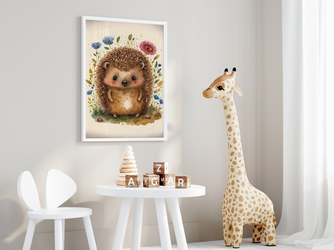 Baby Hedgehog Watercolor Wildflowers Nursery Wall Decor Poster - Image 4
