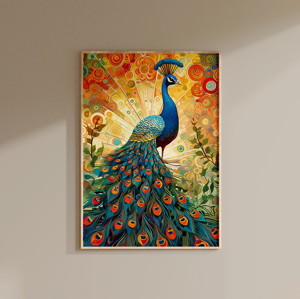 Peacock Golden Sunburst Feathers Vibrant Blue Bird Art Poster - Image 3