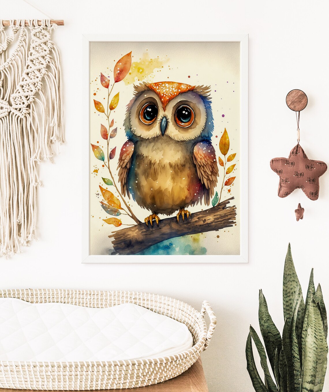 Watercolor Baby Owl Autumn Leaves Cute Nursery Bird Art Poster - Image 5
