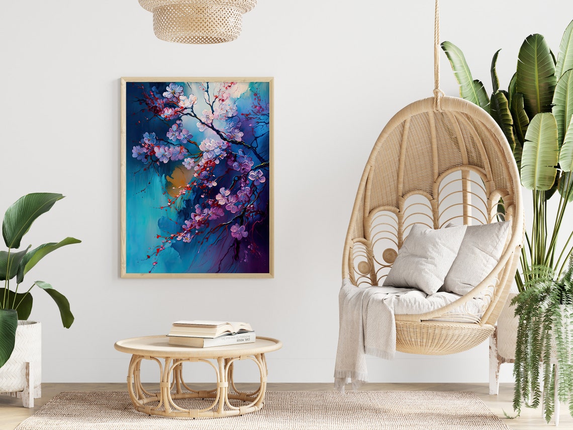 Cherry Blossom Branches Deep Blue Background Decor Art Poster - Image 4