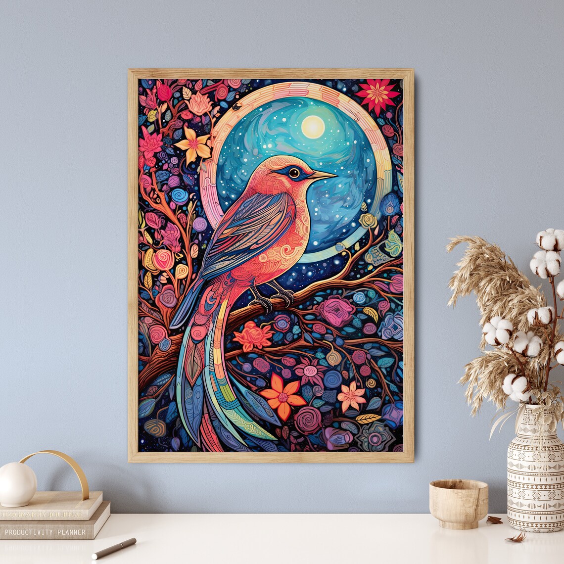 Red Bird Full Moon Floral Night Sky Stained Glass Art Poster - Image 5
